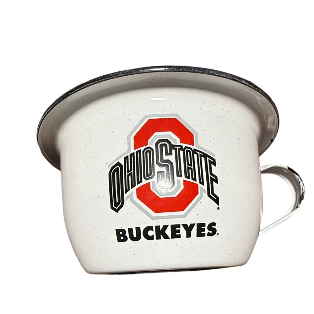 Ohio State Buckeyes Enamel Mug Large Speckled White Red Black Vintage Style 6in